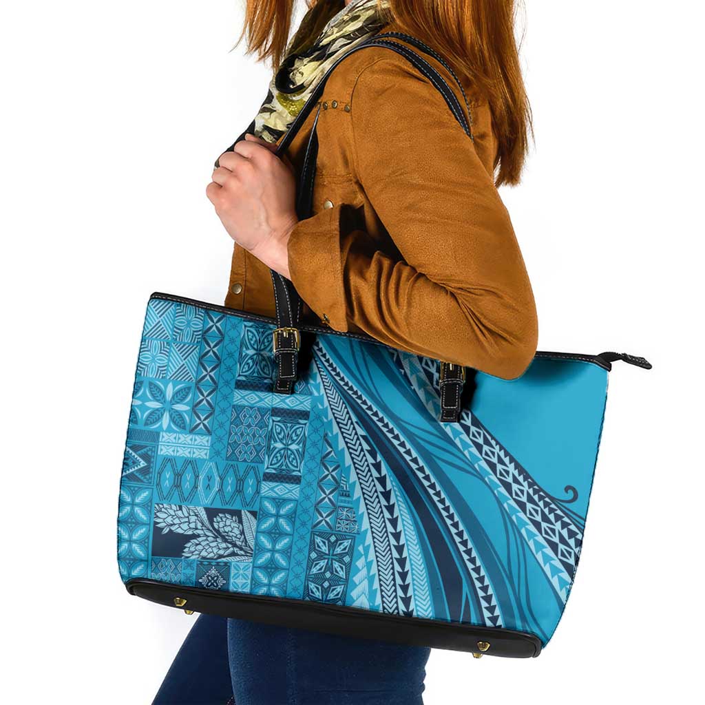 Pasifika Women's Day - Samoa Siapo Malu Tattoo Inspired Leather Tote Bag Turquoise