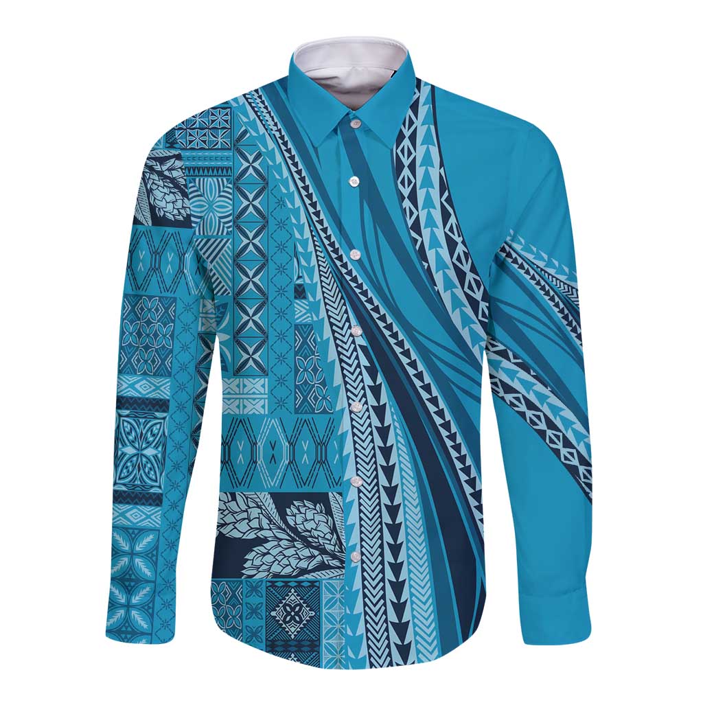 Pasifika Women's Day - Samoa Siapo Malu Tattoo Inspired Long Sleeve Button Shirt Turquoise