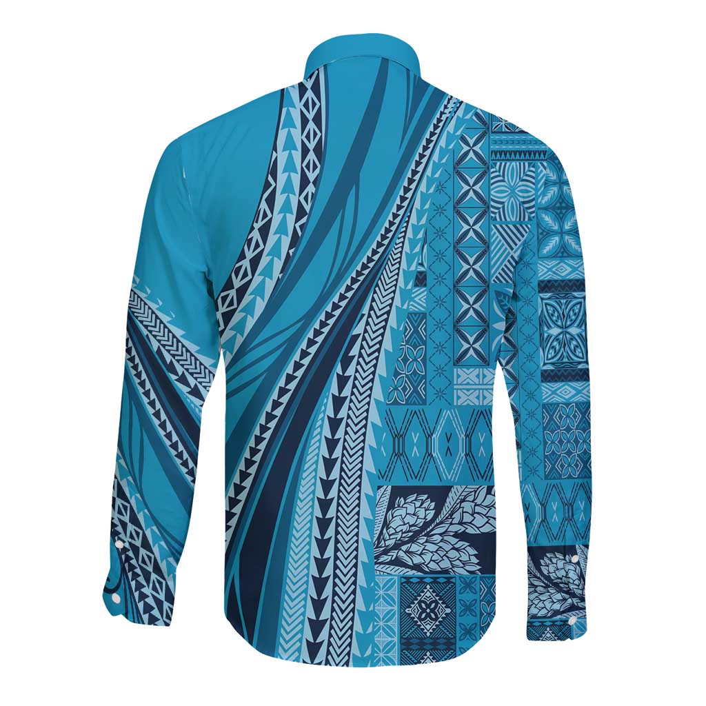 Pasifika Women's Day - Samoa Siapo Malu Tattoo Inspired Long Sleeve Button Shirt Turquoise
