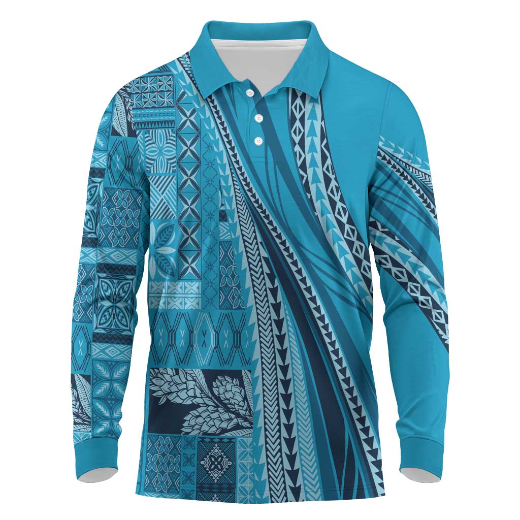 Pasifika Women's Day - Samoa Siapo Malu Tattoo Inspired Long Sleeve Polo Shirt Turquoise