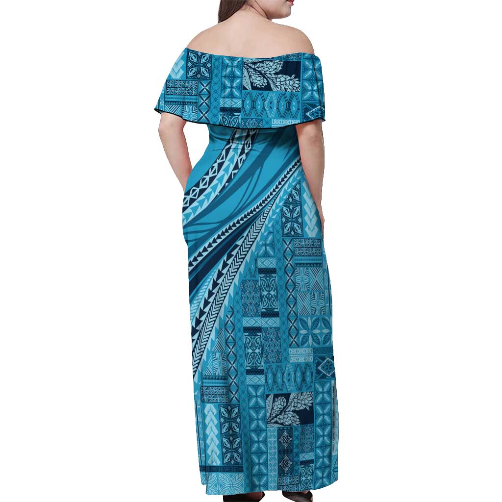 Pasifika Women's Day - Samoa Siapo Malu Tattoo Inspired Off Shoulder Maxi Dress Turquoise