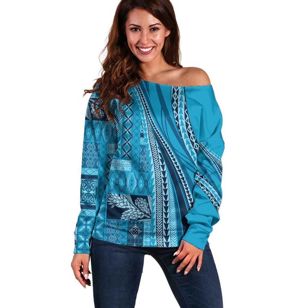 Pasifika Women's Day - Samoa Siapo Malu Tattoo Inspired Off Shoulder Sweater Turquoise