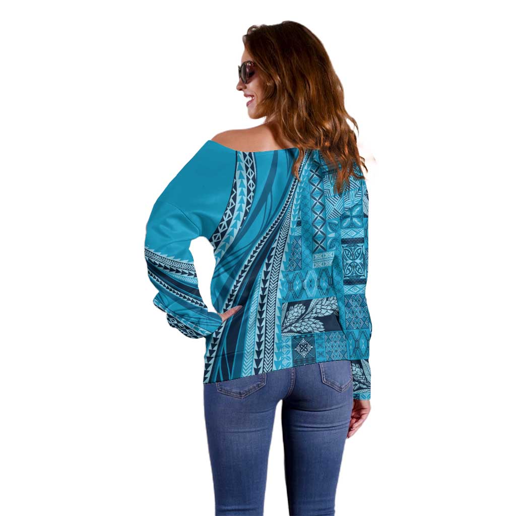 Pasifika Women's Day - Samoa Siapo Malu Tattoo Inspired Off Shoulder Sweater Turquoise