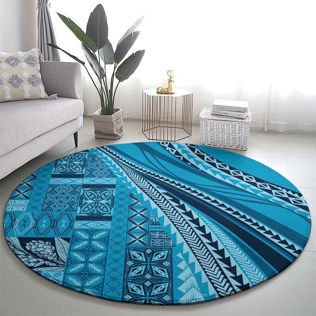 Pasifika Women's Day - Samoa Siapo Malu Tattoo Inspired Round Carpet Turquoise