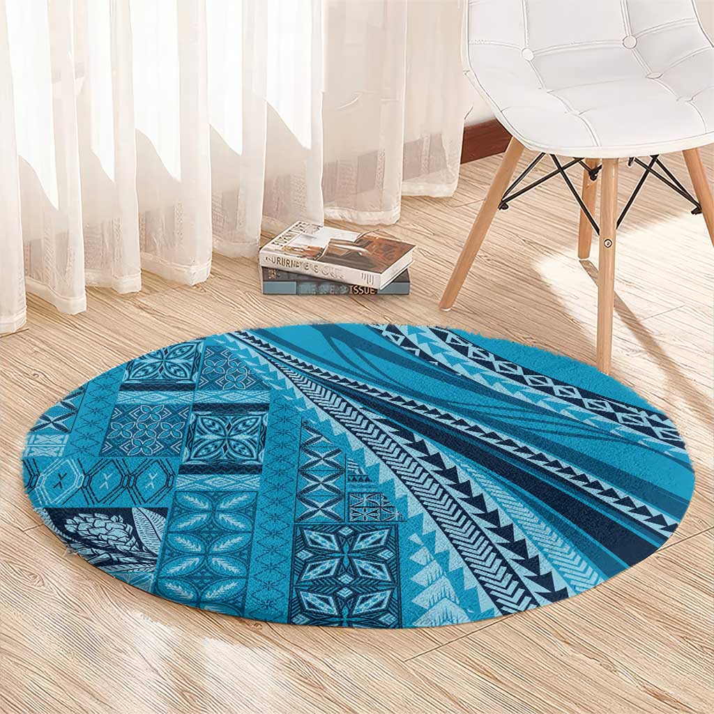 Pasifika Women's Day - Samoa Siapo Malu Tattoo Inspired Round Carpet Turquoise