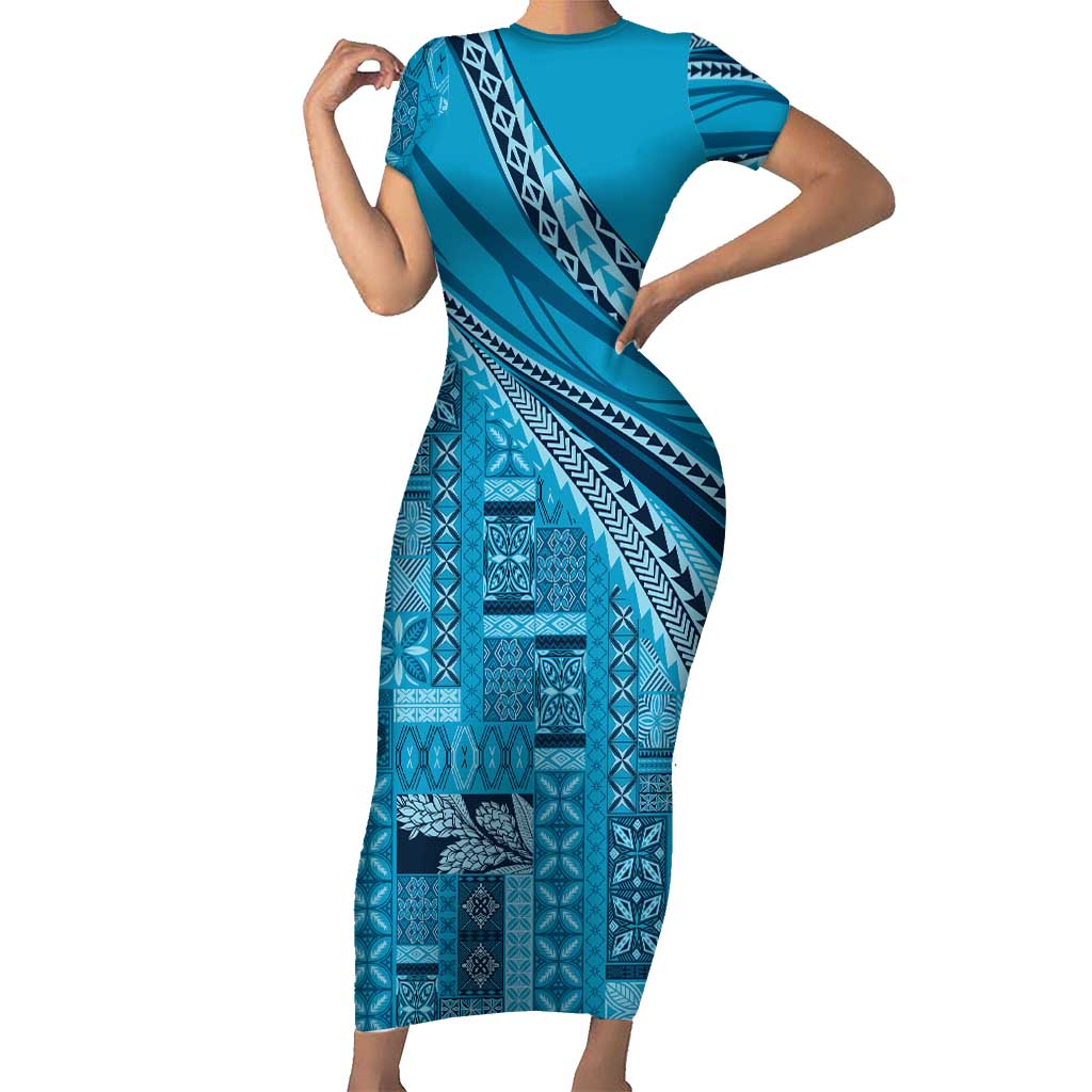 Pasifika Women's Day - Samoa Siapo Malu Tattoo Inspired Short Sleeve Bodycon Dress Turquoise