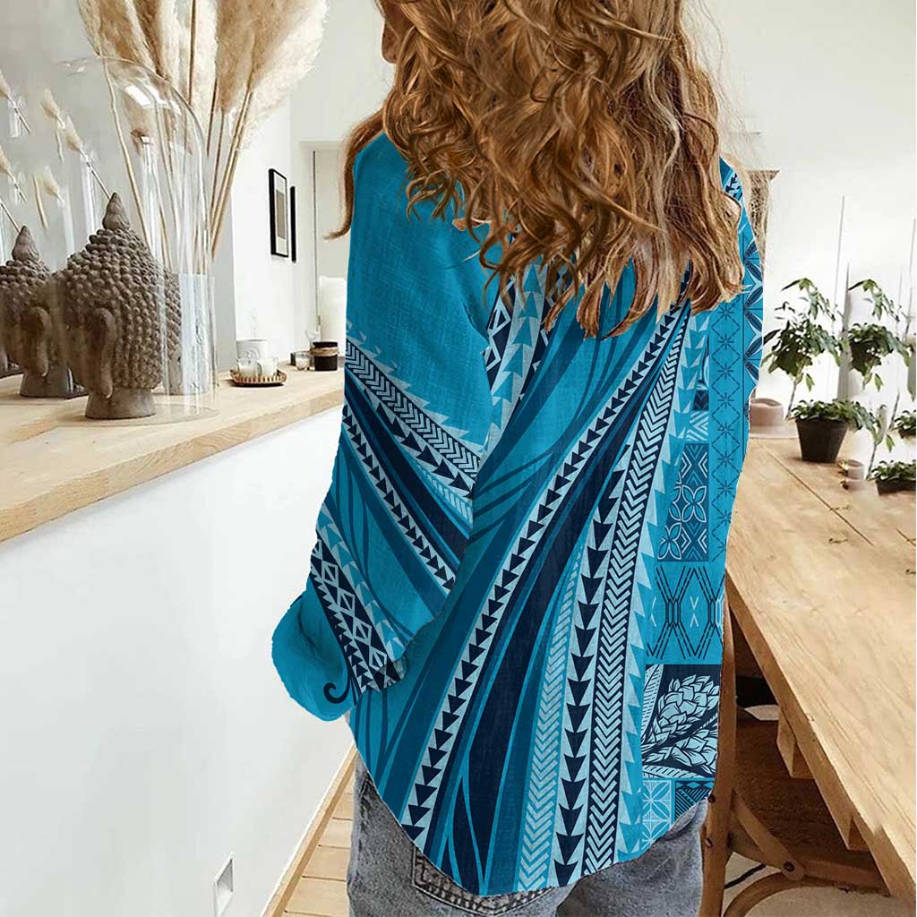 Pasifika Women's Day - Samoa Siapo Malu Tattoo Inspired Women Casual Shirt Turquoise