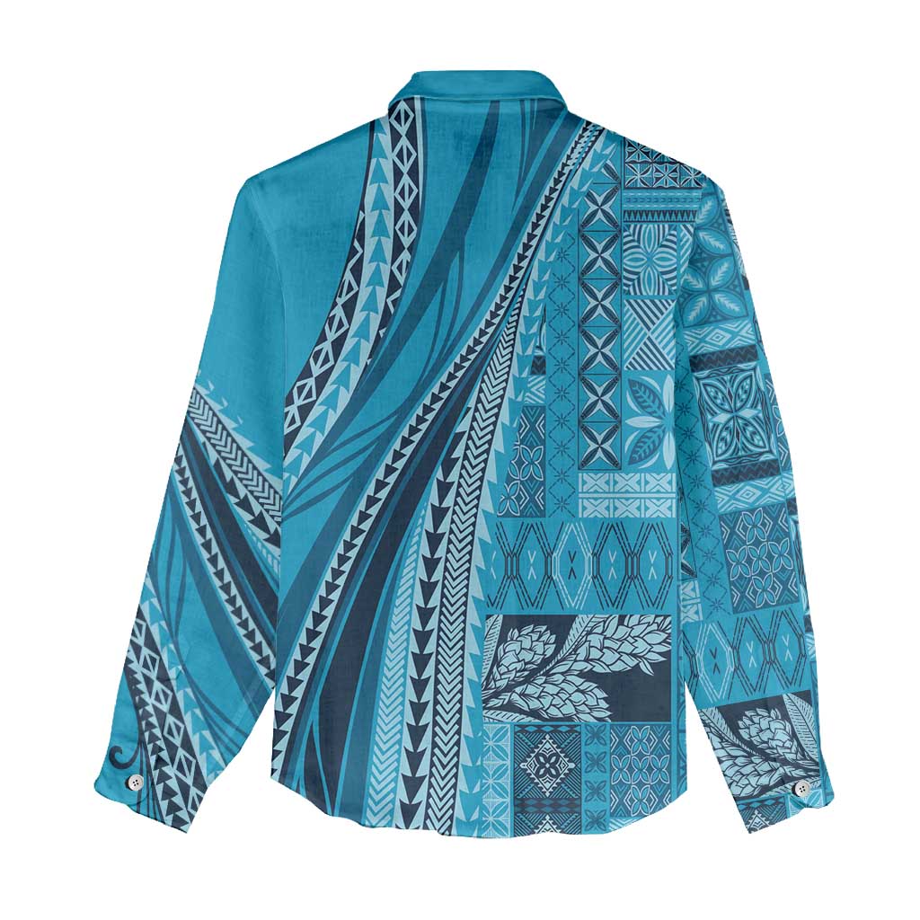 Pasifika Women's Day - Samoa Siapo Malu Tattoo Inspired Women Casual Shirt Turquoise