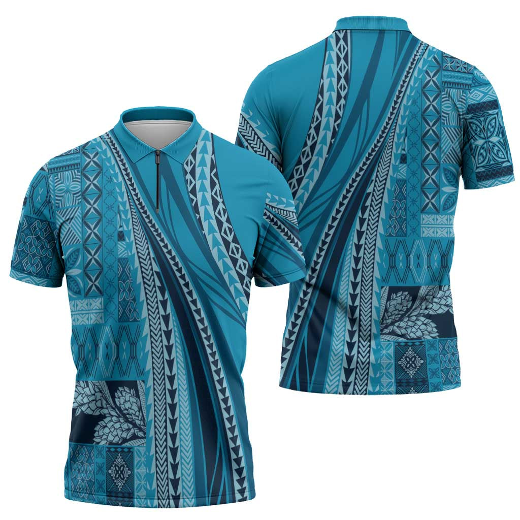 Pasifika Women's Day - Samoa Siapo Malu Tattoo Inspired Zipper Polo Shirt Turquoise
