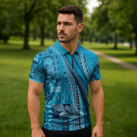 Pasifika Women's Day - Samoa Siapo Malu Tattoo Inspired Zipper Polo Shirt Turquoise