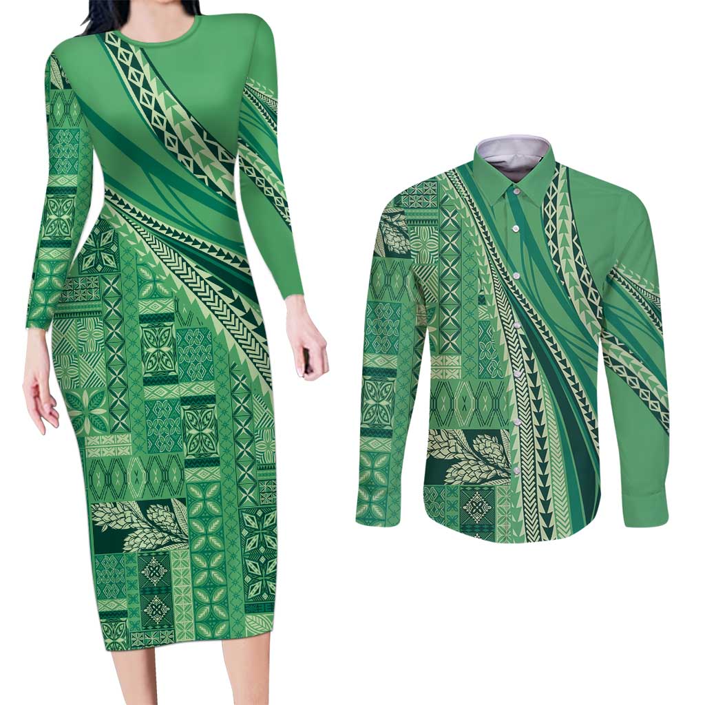 Pasifika Women's Day - Samoa Siapo Malu Tattoo Inspired Couples Matching Long Sleeve Bodycon Dress and Long Sleeve Button Shirt Jade