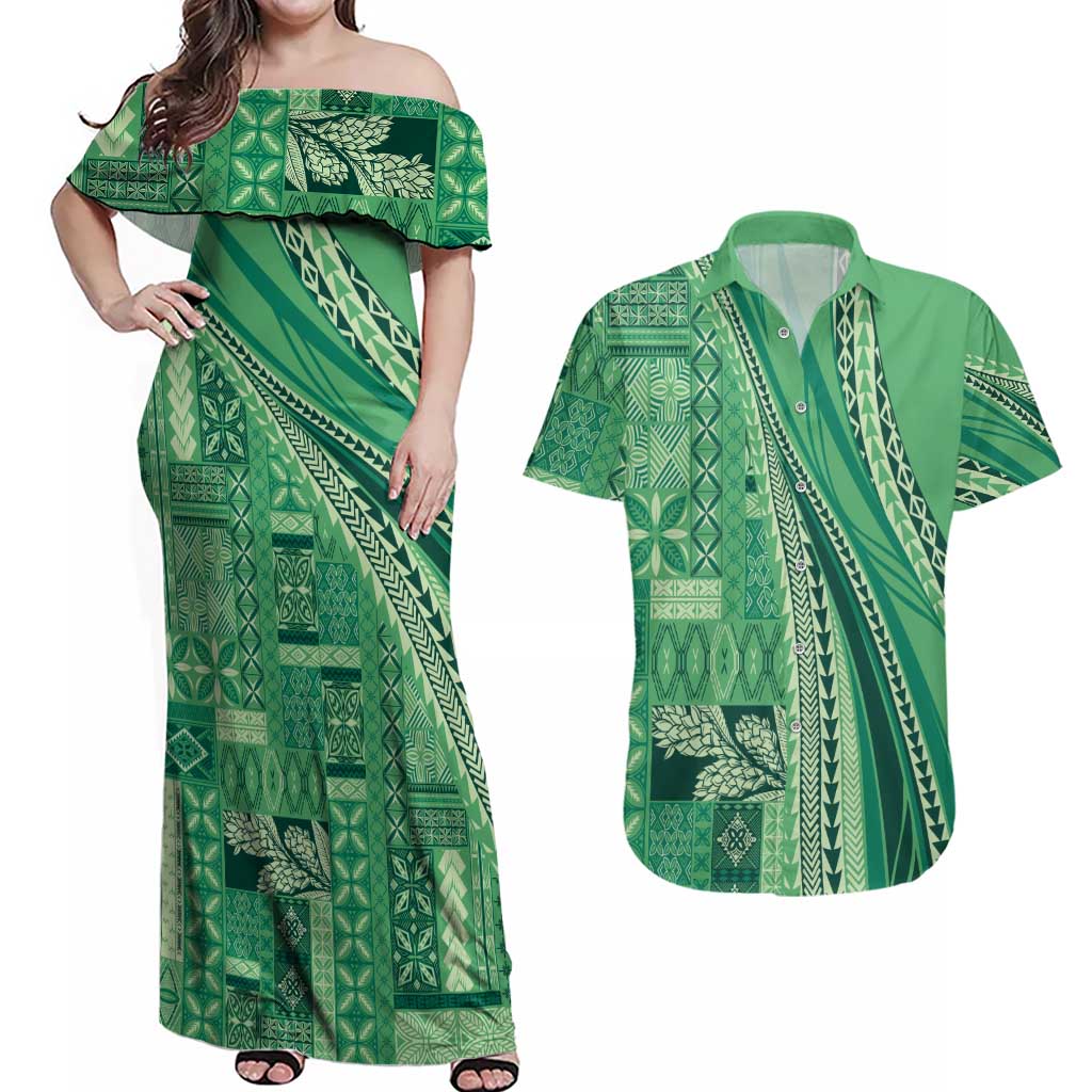 Pasifika Women's Day - Samoa Siapo Malu Tattoo Inspired Couples Matching Off Shoulder Maxi Dress and Hawaiian Shirt Jade