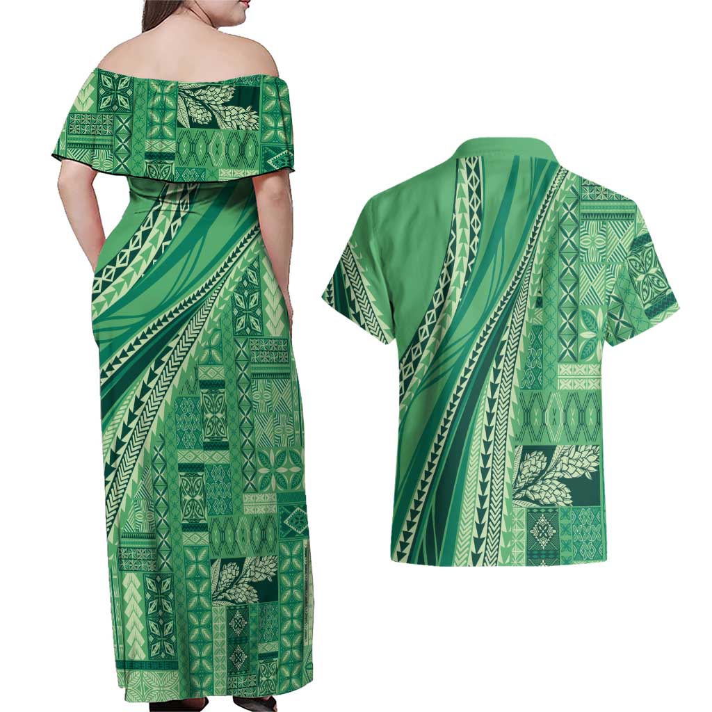 Pasifika Women's Day - Samoa Siapo Malu Tattoo Inspired Couples Matching Off Shoulder Maxi Dress and Hawaiian Shirt Jade