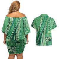 Pasifika Women's Day - Samoa Siapo Malu Tattoo Inspired Couples Matching Off Shoulder Short Dress and Hawaiian Shirt Jade
