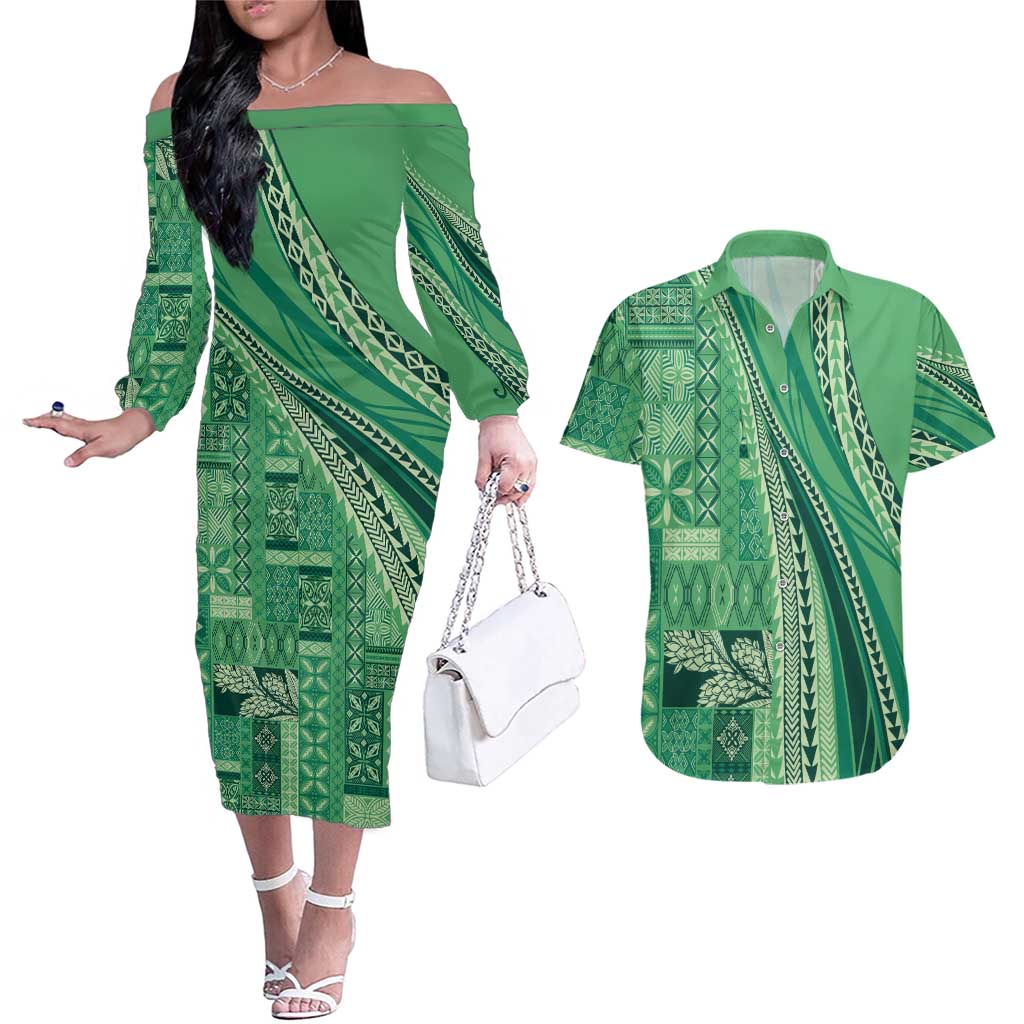 Pasifika Women's Day - Samoa Siapo Malu Tattoo Inspired Couples Matching Off The Shoulder Long Sleeve Dress and Hawaiian Shirt Jade