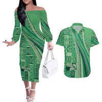 Pasifika Women's Day - Samoa Siapo Malu Tattoo Inspired Couples Matching Off The Shoulder Long Sleeve Dress and Hawaiian Shirt Jade