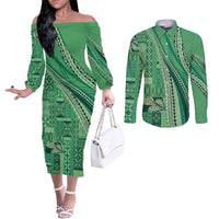 Pasifika Women's Day - Samoa Siapo Malu Tattoo Inspired Couples Matching Off The Shoulder Long Sleeve Dress and Long Sleeve Button Shirt Jade