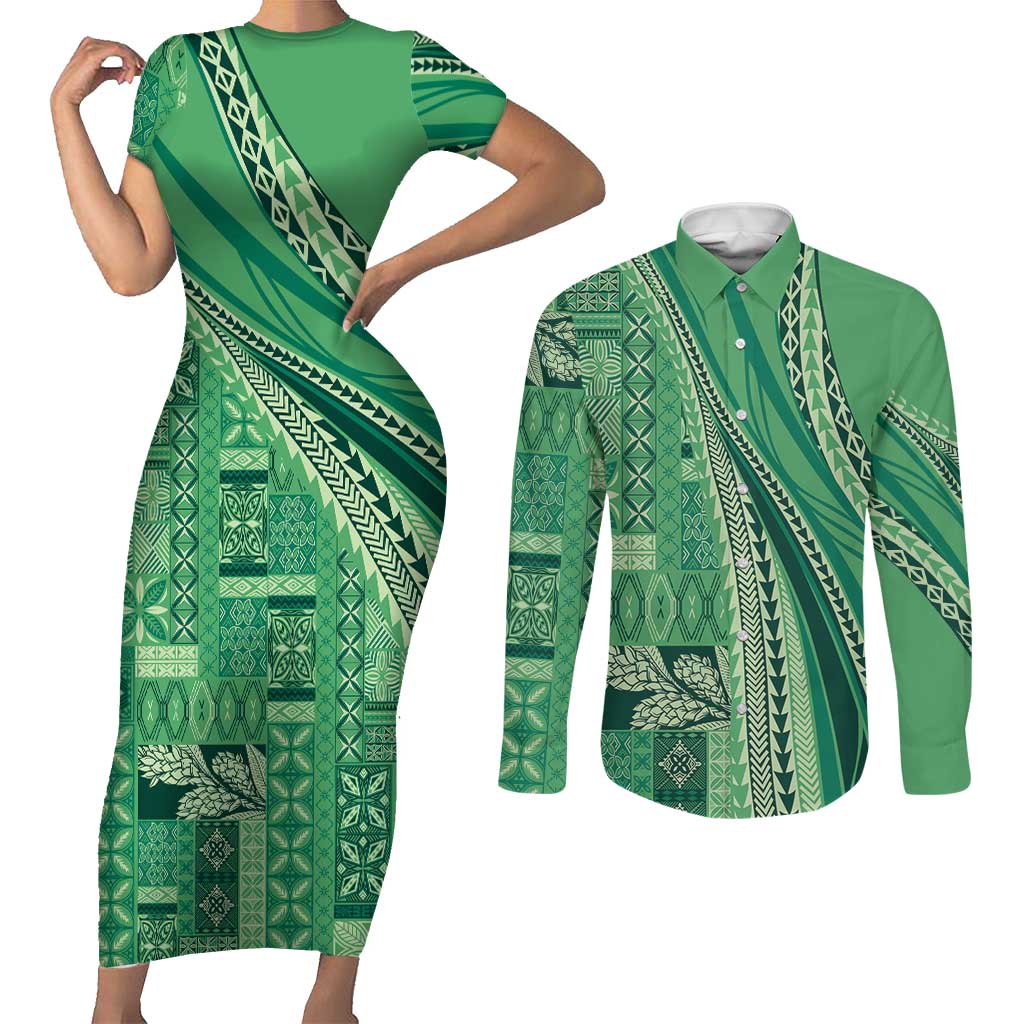 Pasifika Women's Day - Samoa Siapo Malu Tattoo Inspired Couples Matching Short Sleeve Bodycon Dress and Long Sleeve Button Shirt Jade