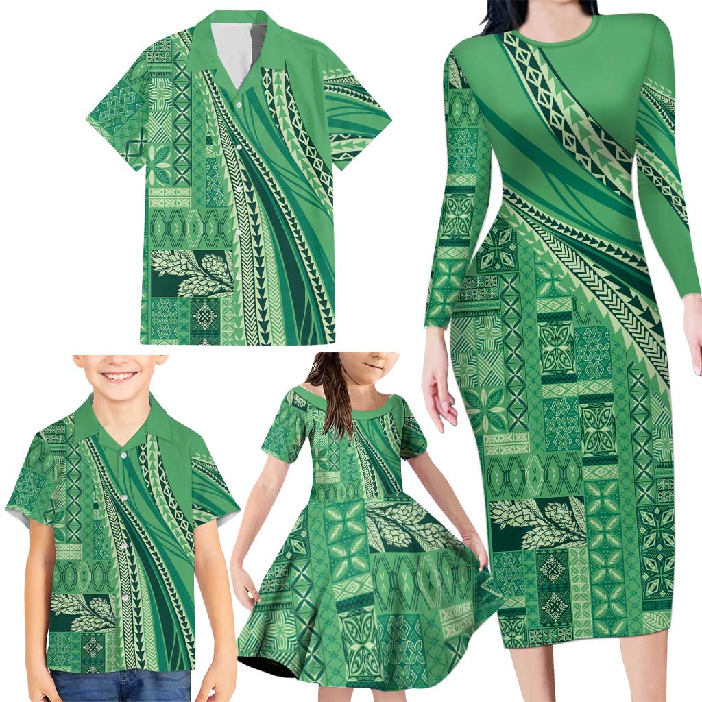 Pasifika Women's Day - Samoa Siapo Malu Tattoo Inspired Family Matching Long Sleeve Bodycon Dress and Hawaiian Shirt Jade
