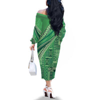 Pasifika Women's Day - Samoa Siapo Malu Tattoo Inspired Family Matching Off The Shoulder Long Sleeve Dress and Hawaiian Shirt Jade LT7 - Polynesian Pride
