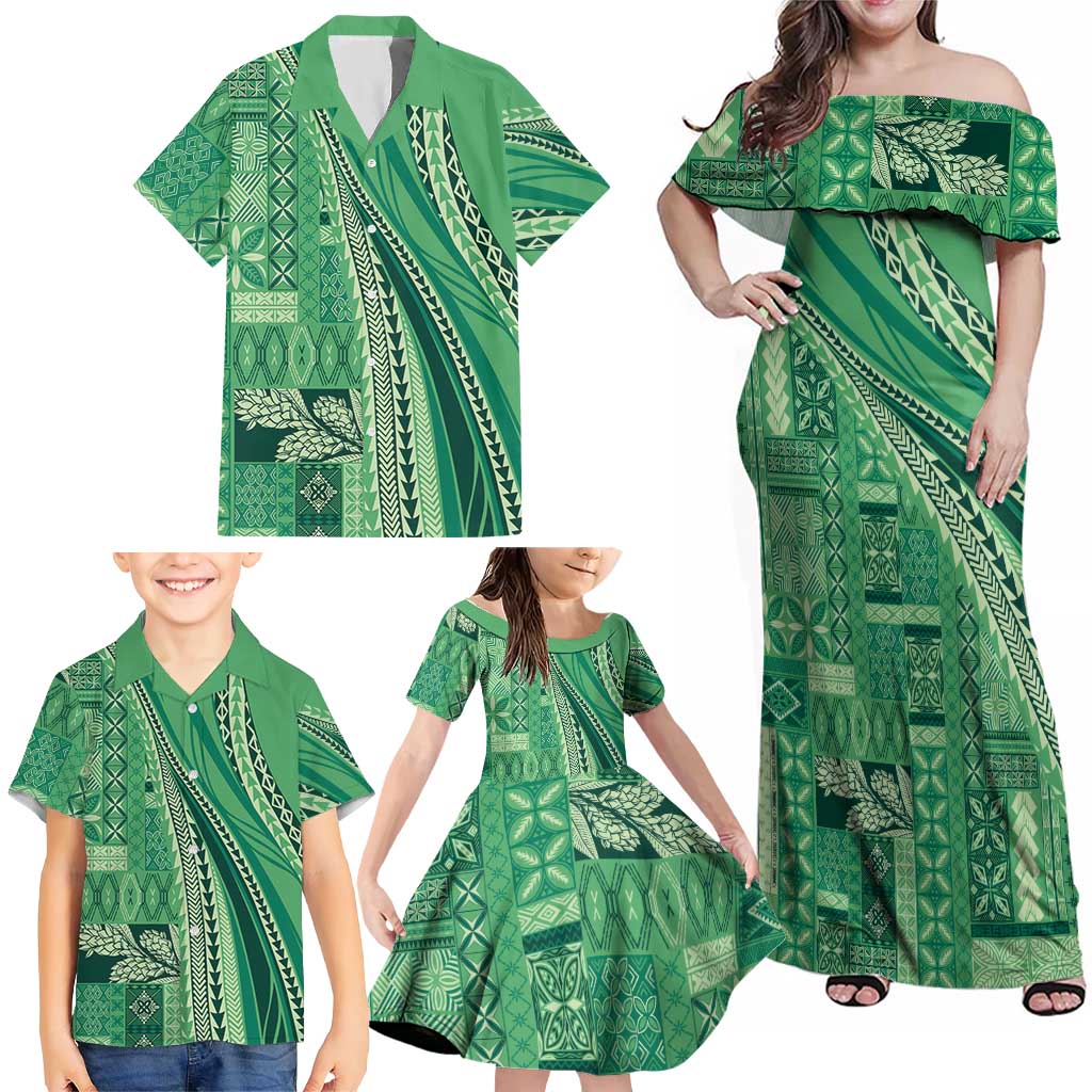 Pasifika Women's Day - Samoa Siapo Malu Tattoo Inspired Family Matching Off Shoulder Maxi Dress and Hawaiian Shirt Jade