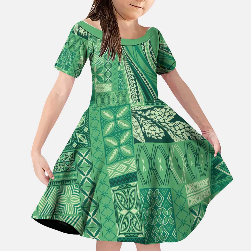 Pasifika Women's Day - Samoa Siapo Malu Tattoo Inspired Family Matching Off Shoulder Short Dress and Hawaiian Shirt Jade LT7 Daughter's Dress Jade - Polynesian Pride