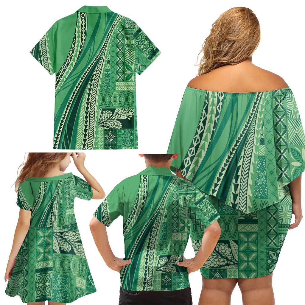 Pasifika Women's Day - Samoa Siapo Malu Tattoo Inspired Family Matching Off Shoulder Short Dress and Hawaiian Shirt Jade LT7 - Polynesian Pride