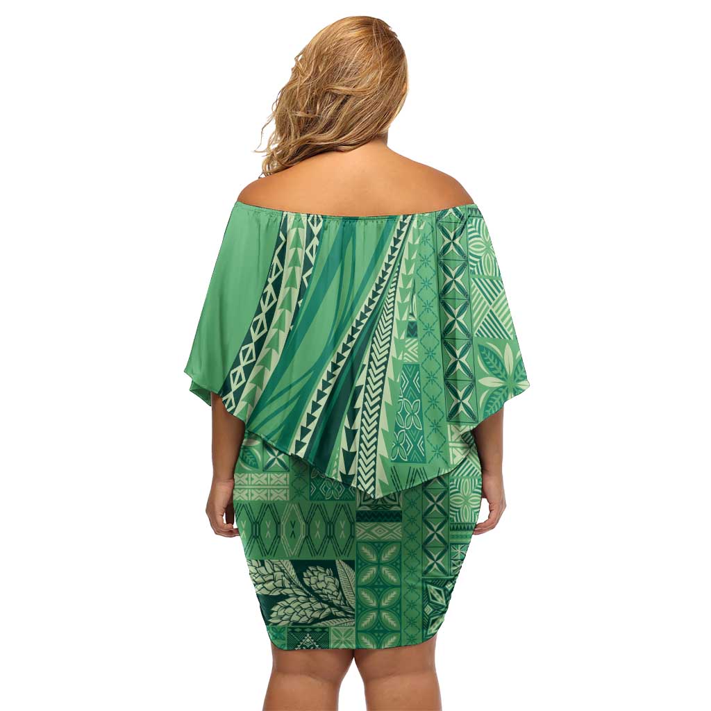 Pasifika Women's Day - Samoa Siapo Malu Tattoo Inspired Family Matching Off Shoulder Short Dress and Hawaiian Shirt Jade LT7 - Polynesian Pride