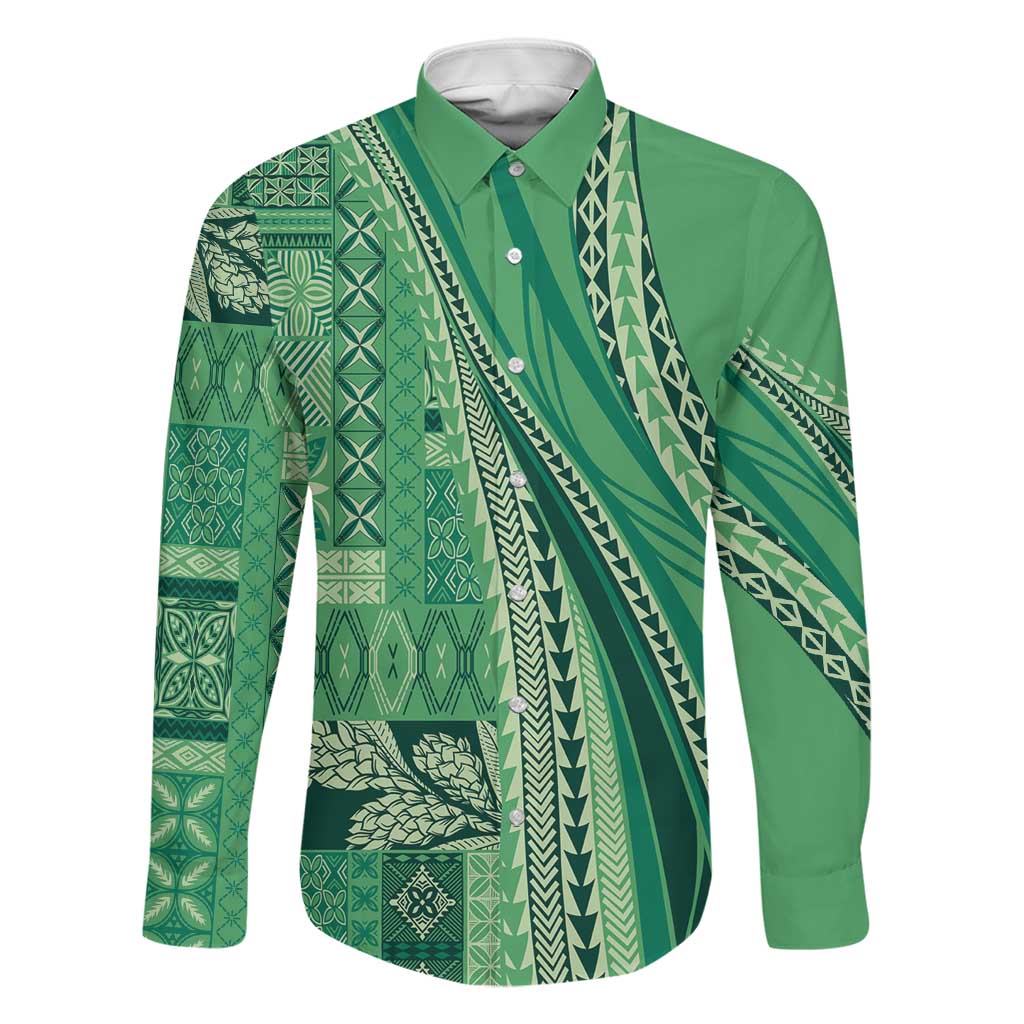 Pasifika Women's Day - Samoa Siapo Malu Tattoo Inspired Family Matching Tank Maxi Dress and Hawaiian Shirt Jade LT7 Dad's Shirt - Long Sleeve Jade - Polynesian Pride