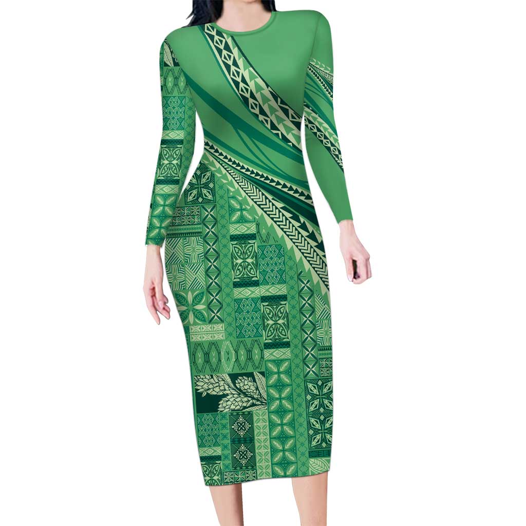 Pasifika Women's Day - Samoa Siapo Malu Tattoo Inspired Long Sleeve Bodycon Dress Jade