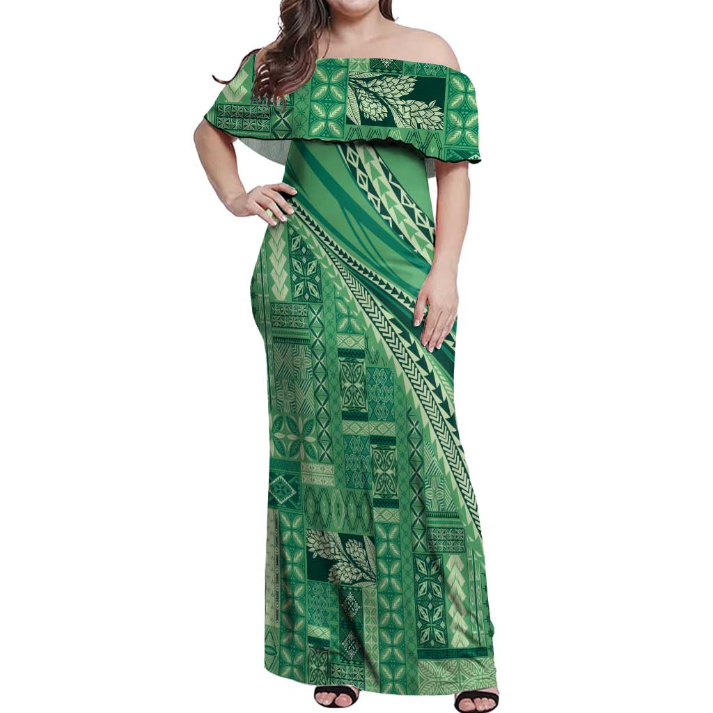Pasifika Women's Day - Samoa Siapo Malu Tattoo Inspired Off Shoulder Maxi Dress Jade