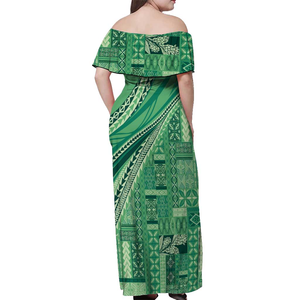 Pasifika Women's Day - Samoa Siapo Malu Tattoo Inspired Off Shoulder Maxi Dress Jade