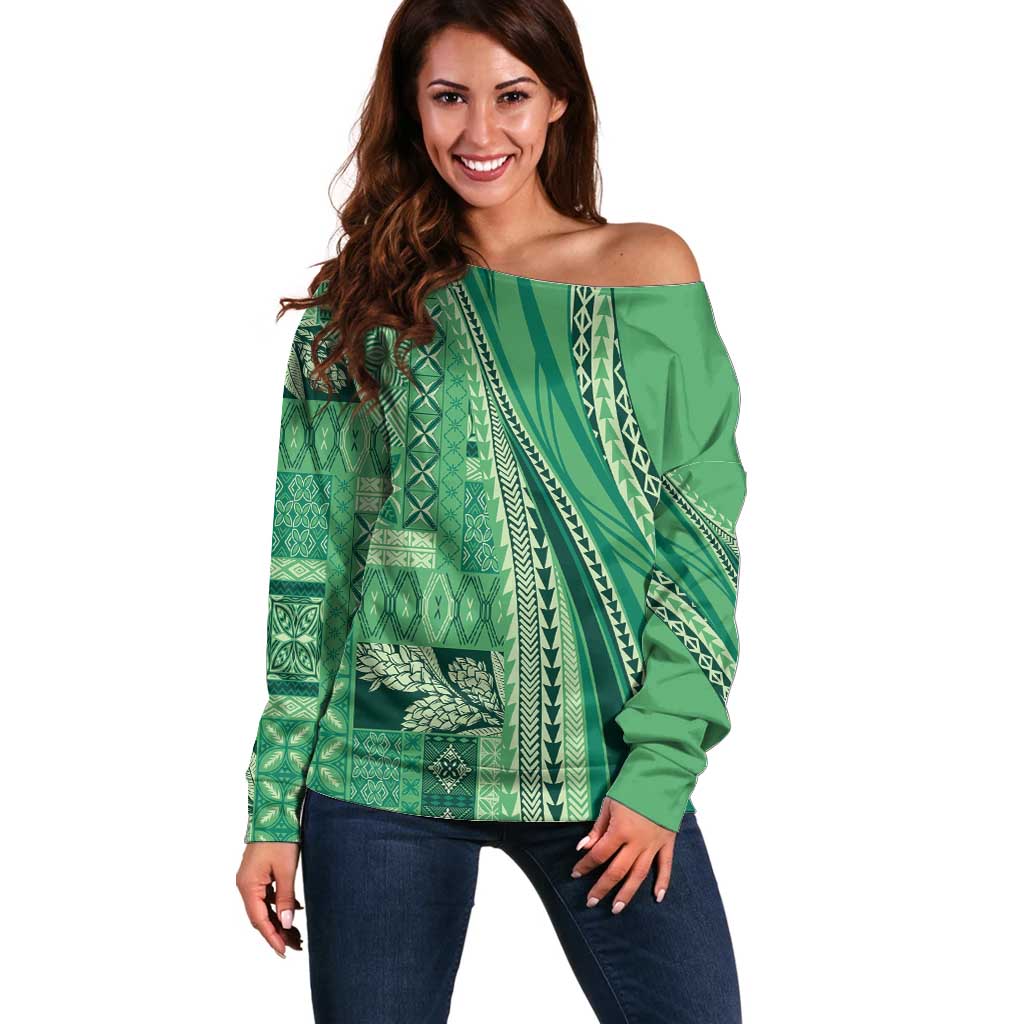 Pasifika Women's Day - Samoa Siapo Malu Tattoo Inspired Off Shoulder Sweater Jade