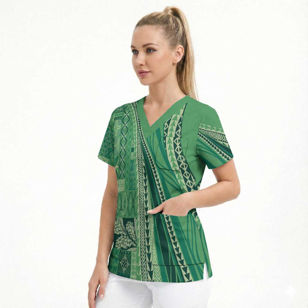 Pasifika Women's Day - Samoa Siapo Malu Tattoo Inspired Scrub Top Jade