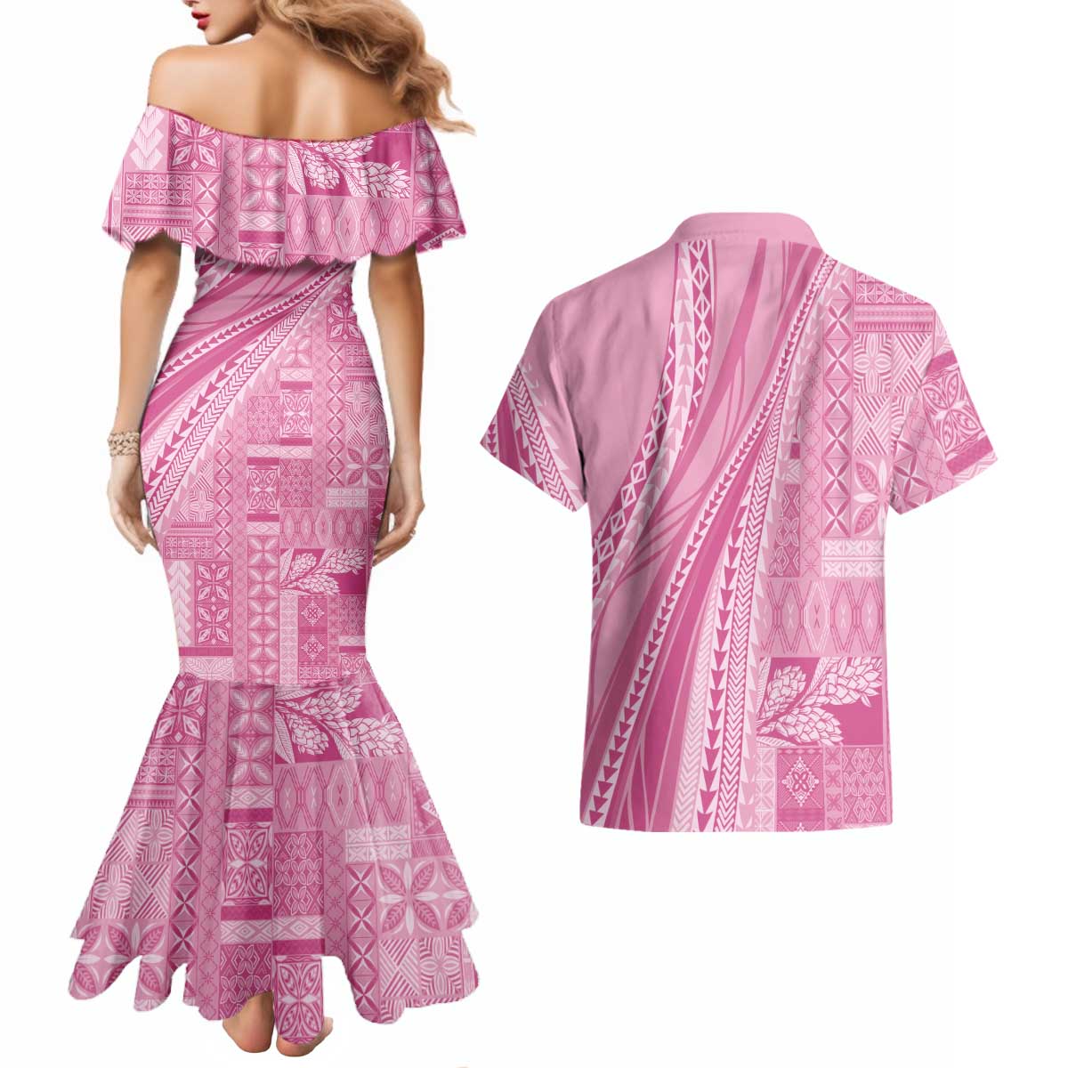 Pasifika Women's Day - Samoa Siapo Malu Tattoo Inspired Couples Matching Mermaid Dress and Hawaiian Shirt Pink