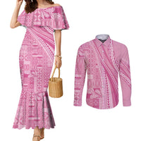 Pasifika Women's Day - Samoa Siapo Malu Tattoo Inspired Couples Matching Mermaid Dress and Long Sleeve Button Shirt Pink
