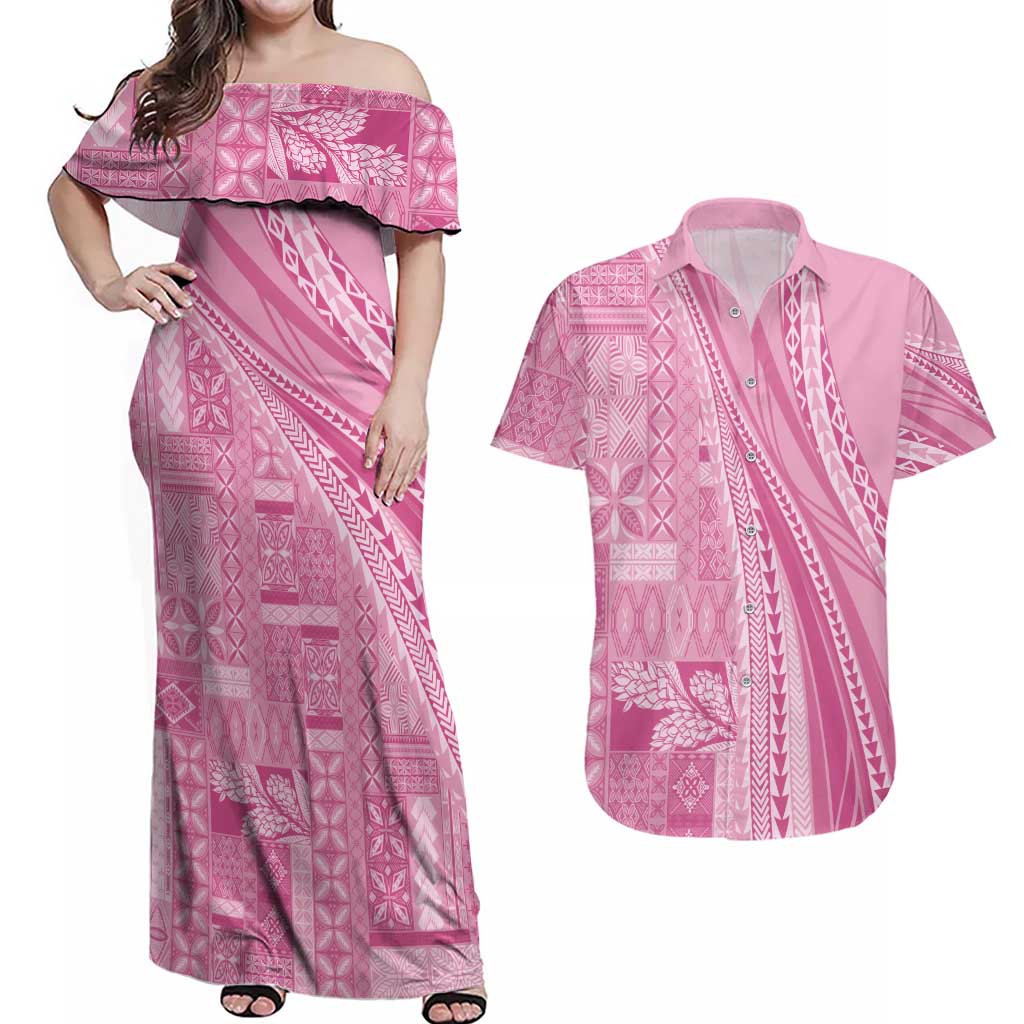 Pasifika Women's Day - Samoa Siapo Malu Tattoo Inspired Couples Matching Off Shoulder Maxi Dress and Hawaiian Shirt Pink