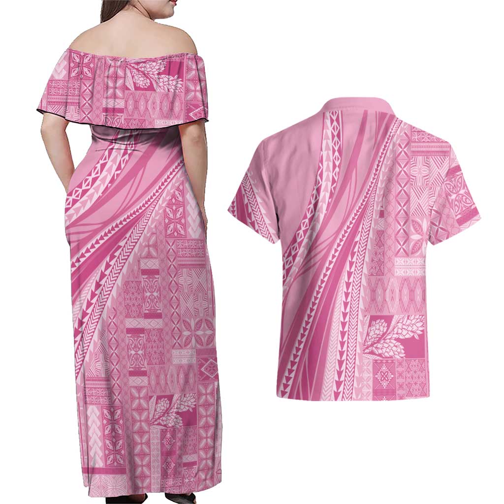 Pasifika Women's Day - Samoa Siapo Malu Tattoo Inspired Couples Matching Off Shoulder Maxi Dress and Hawaiian Shirt Pink