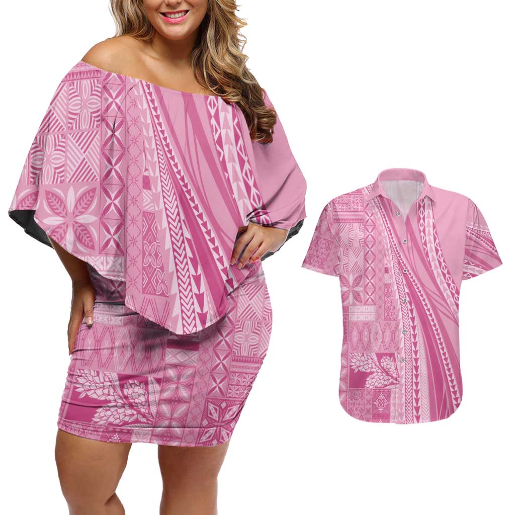 Pasifika Women's Day - Samoa Siapo Malu Tattoo Inspired Couples Matching Off Shoulder Short Dress and Hawaiian Shirt Pink
