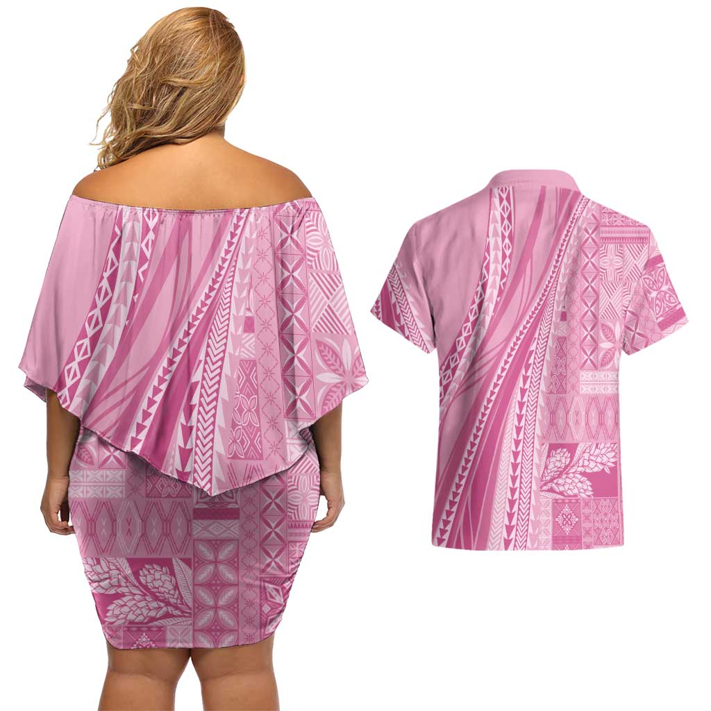 Pasifika Women's Day - Samoa Siapo Malu Tattoo Inspired Couples Matching Off Shoulder Short Dress and Hawaiian Shirt Pink