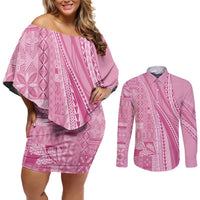 Pasifika Women's Day - Samoa Siapo Malu Tattoo Inspired Couples Matching Off Shoulder Short Dress and Long Sleeve Button Shirt Pink