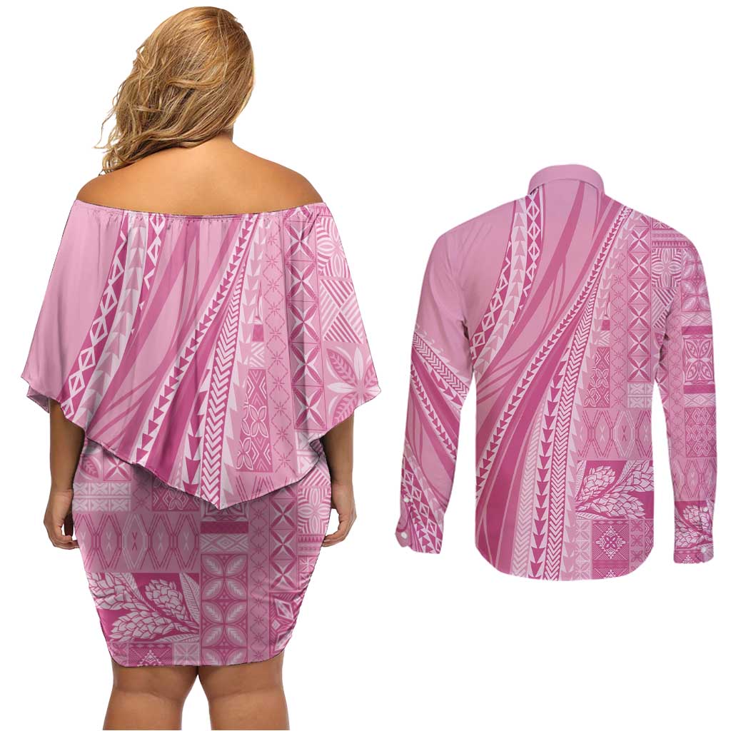 Pasifika Women's Day - Samoa Siapo Malu Tattoo Inspired Couples Matching Off Shoulder Short Dress and Long Sleeve Button Shirt Pink