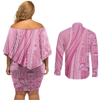 Pasifika Women's Day - Samoa Siapo Malu Tattoo Inspired Couples Matching Off Shoulder Short Dress and Long Sleeve Button Shirt Pink