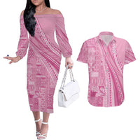 Pasifika Women's Day - Samoa Siapo Malu Tattoo Inspired Couples Matching Off The Shoulder Long Sleeve Dress and Hawaiian Shirt Pink LT7 Pink - Polynesian Pride