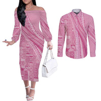 Pasifika Women's Day - Samoa Siapo Malu Tattoo Inspired Couples Matching Off The Shoulder Long Sleeve Dress and Long Sleeve Button Shirt Pink
