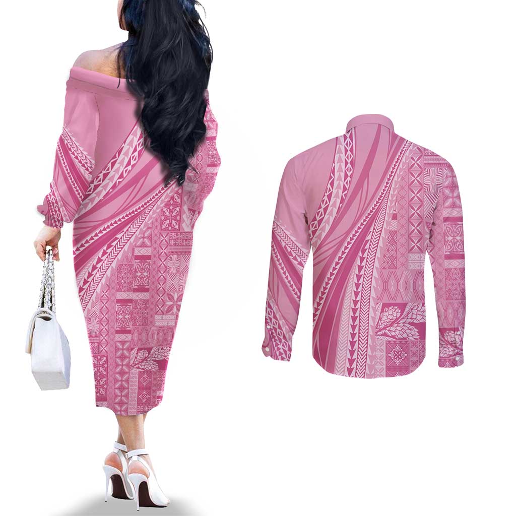 Pasifika Women's Day - Samoa Siapo Malu Tattoo Inspired Couples Matching Off The Shoulder Long Sleeve Dress and Long Sleeve Button Shirt Pink