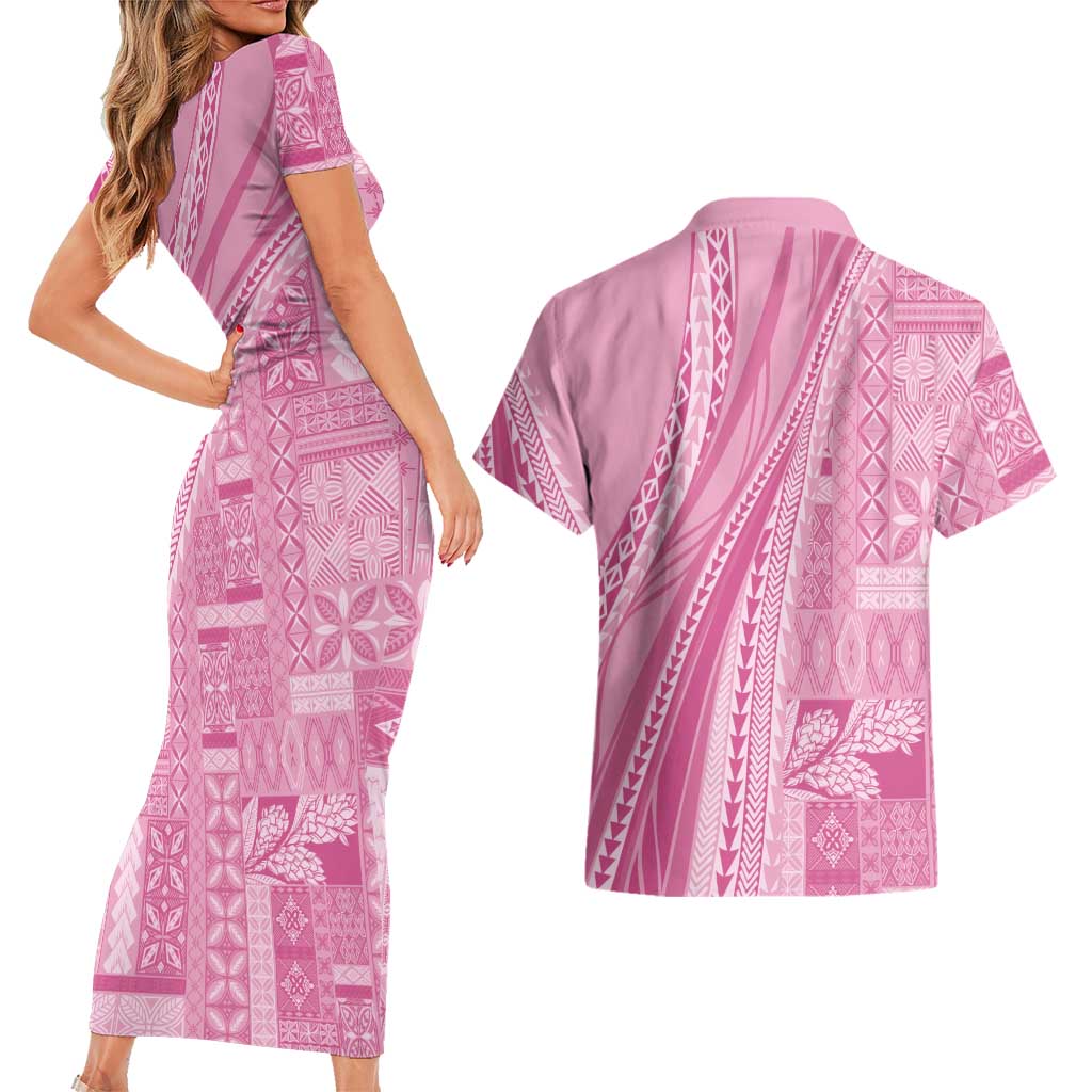 Pasifika Women's Day - Samoa Siapo Malu Tattoo Inspired Couples Matching Short Sleeve Bodycon Dress and Hawaiian Shirt Pink