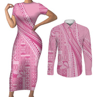 Pasifika Women's Day - Samoa Siapo Malu Tattoo Inspired Couples Matching Short Sleeve Bodycon Dress and Long Sleeve Button Shirt Pink