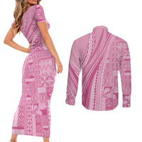 Pasifika Women's Day - Samoa Siapo Malu Tattoo Inspired Couples Matching Short Sleeve Bodycon Dress and Long Sleeve Button Shirt Pink