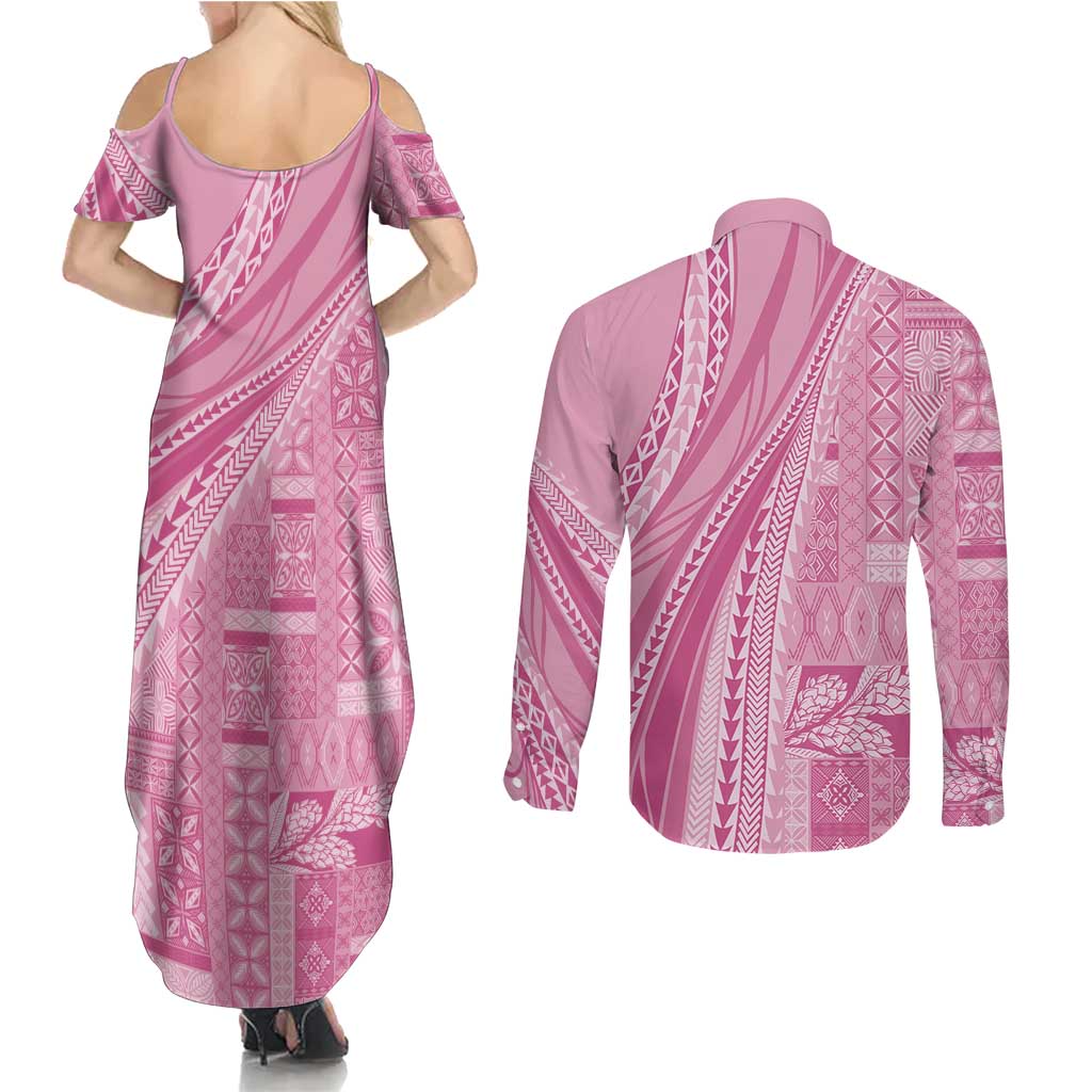Pasifika Women's Day - Samoa Siapo Malu Tattoo Inspired Couples Matching Summer Maxi Dress and Long Sleeve Button Shirt Pink